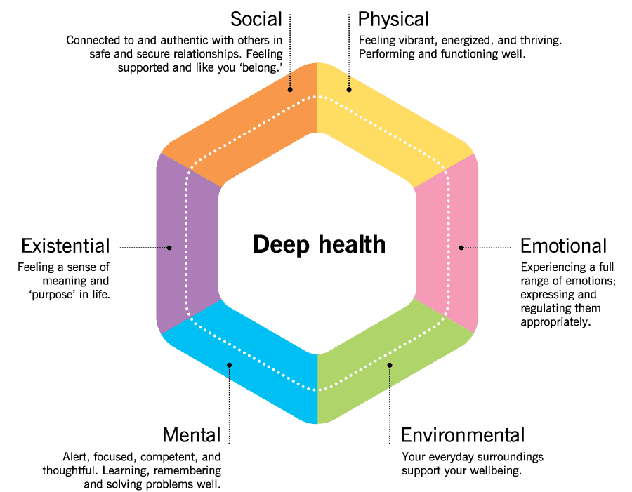 Image shows that there are six domains of deep health: social, physical, existential, emotional, mental, and environmental.