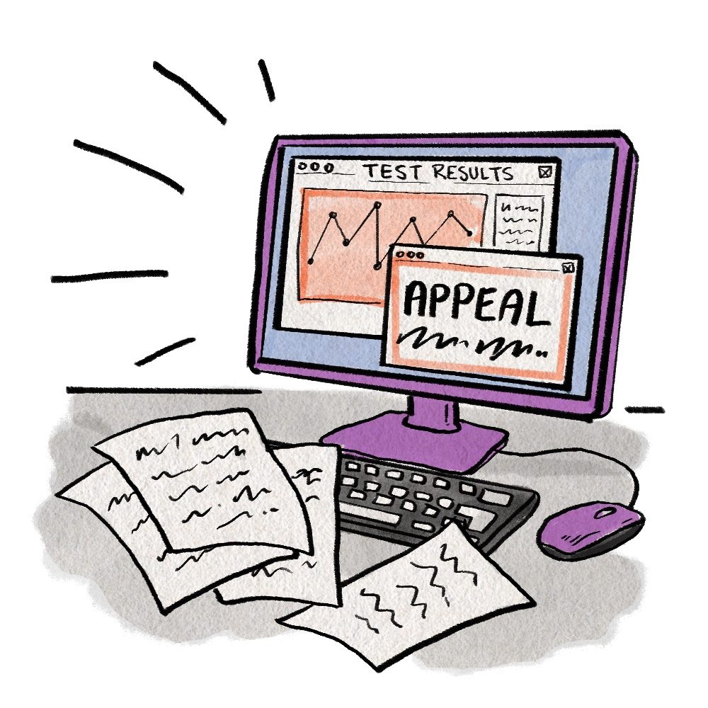 A hand-drawn cartoon of a computer screen that has an insurance appeal and medical test results on its screen.