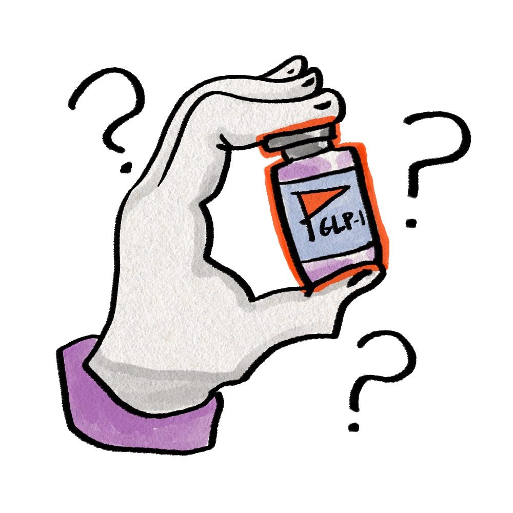 A hand-drawn cartoon of a hand holding a vial of GLP-1 liquid. The label has a red flag on it and question marks.